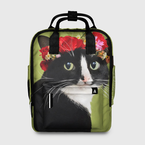 Женский рюкзак 3D с принтом Кот и цветы, вид спереди #2