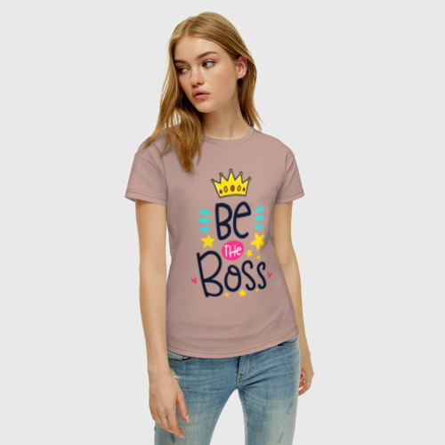 Женская футболка хлопок Надпись будь боссом, цвет пыльно-розовый - фото 3