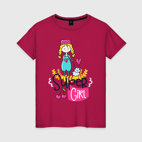 Женская футболка хлопок с принтом Девушка с собачкой, вид спереди #2