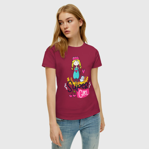 Женская футболка хлопок с принтом Девушка с собачкой, фото на моделе #1