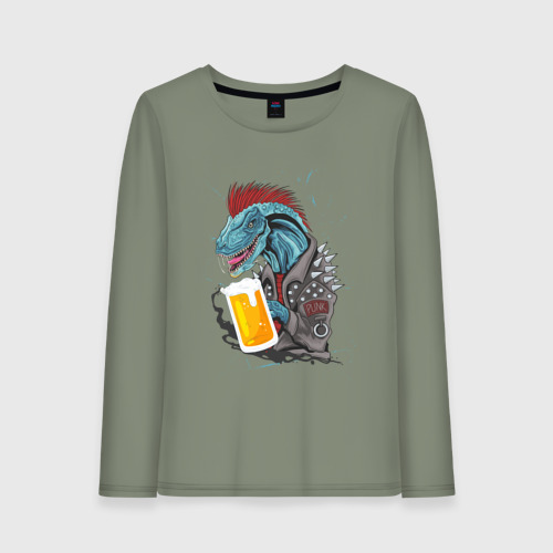Женский лонгслив хлопок с принтом Пивозавр - Гранж, вид спереди #2