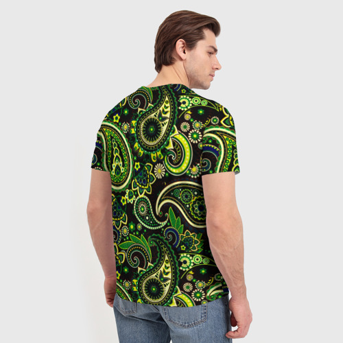 Мужская футболка 3D с принтом Ярко зеленые славянские узоры, вид сзади #2