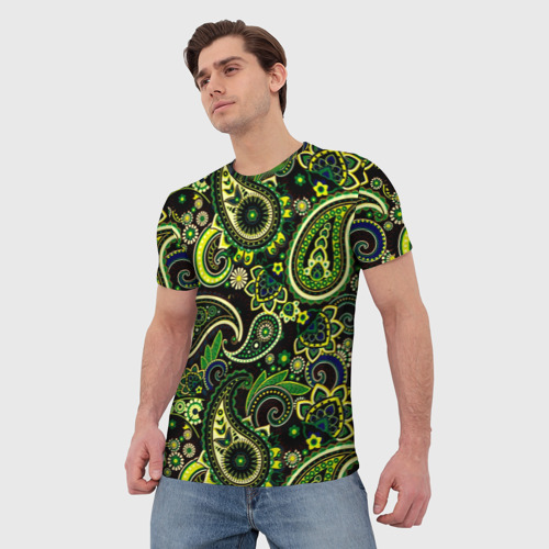 Мужская футболка 3D с принтом Ярко зеленые славянские узоры, фото на моделе #1