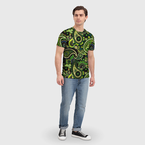 Мужская футболка 3D с принтом Ярко зеленые славянские узоры, вид сбоку #3