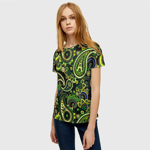 Женская футболка 3D Ярко зеленые славянские узоры, цвет 3D печать - фото 3