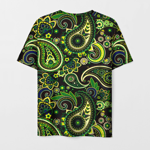 Мужская футболка 3D с принтом Ярко зеленые славянские узоры, вид сзади #1