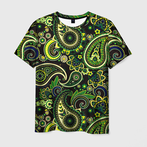 Мужская футболка 3D с принтом Ярко зеленые славянские узоры, вид спереди #2