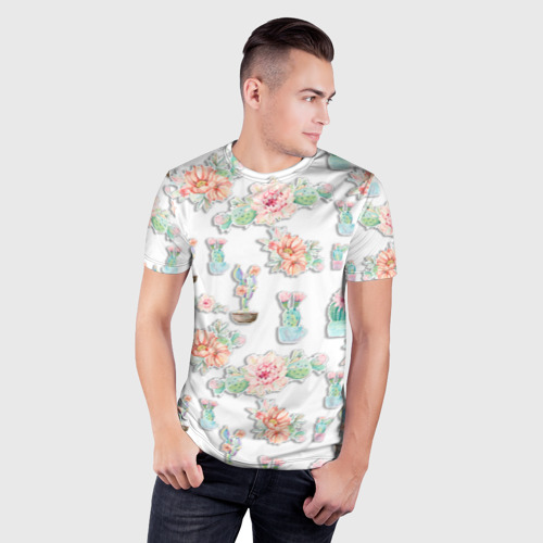 Мужская футболка 3D Slim с принтом Акварельные кактусы, фото на моделе #1