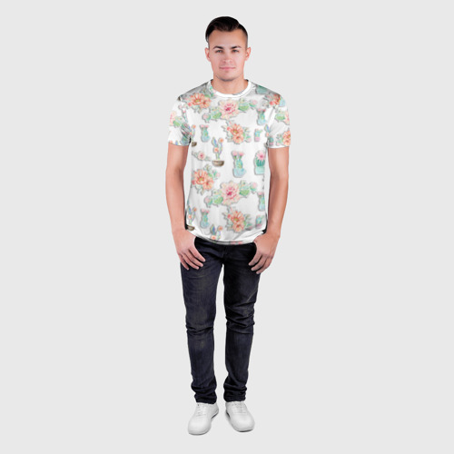 Мужская футболка 3D Slim с принтом Акварельные кактусы, вид сбоку #3