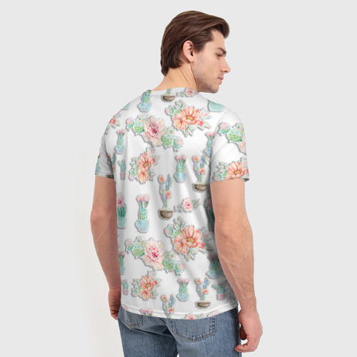 Мужская футболка 3D с принтом Акварельные кактусы, вид сзади #2