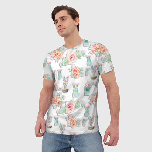 Мужская футболка 3D с принтом Акварельные кактусы, фото на моделе #1
