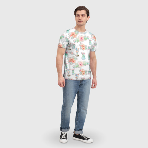 Мужская футболка 3D с принтом Акварельные кактусы, вид сбоку #3