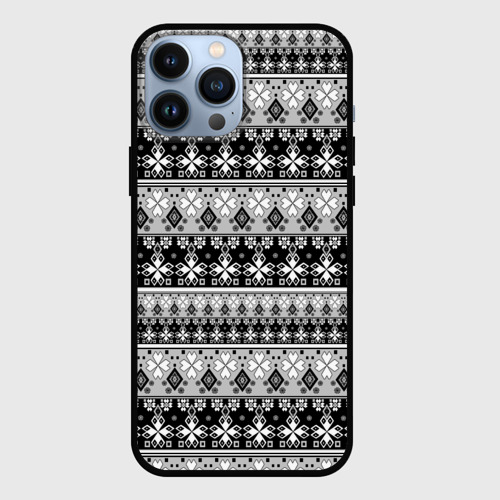 Чехол для iPhone 13 Pro Max с принтом Черно-белый скандинавский этнический орнамент, вид спереди #2