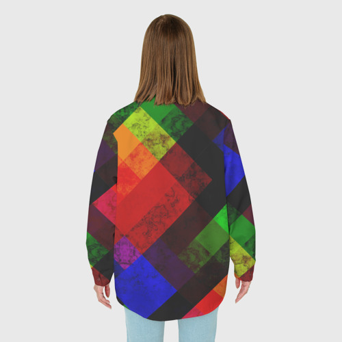 Женская рубашка oversize 3D с принтом Яркий мраморный разноцветный геометрический узор, вид сзади #2