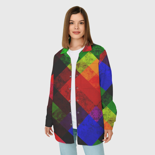 Женская рубашка oversize 3D с принтом Яркий мраморный разноцветный геометрический узор, фото на моделе #1