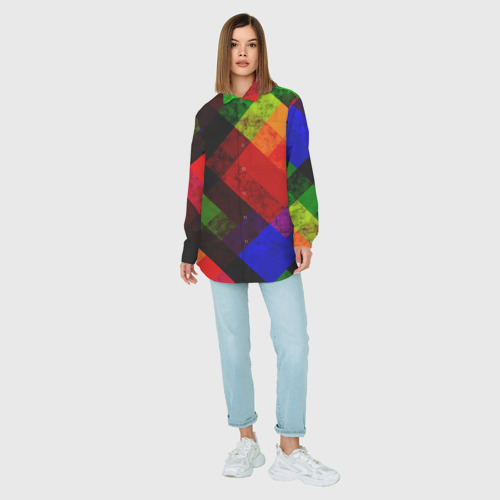 Женская рубашка oversize 3D с принтом Яркий мраморный разноцветный геометрический узор, вид сбоку #3