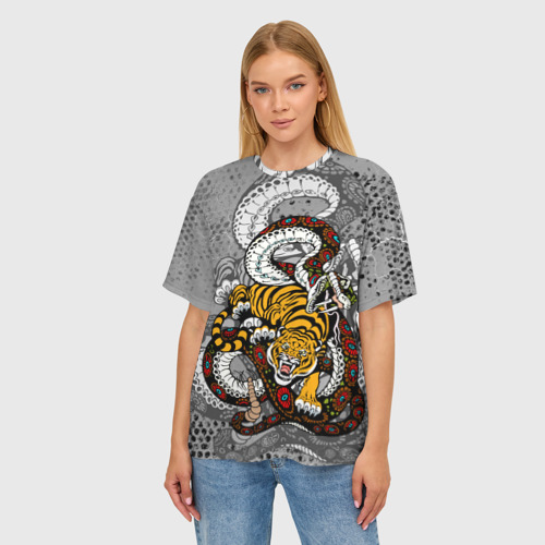 Женская футболка oversize 3D Змея и Тигр|Tiger Snake Fight, цвет 3D печать - фото 3