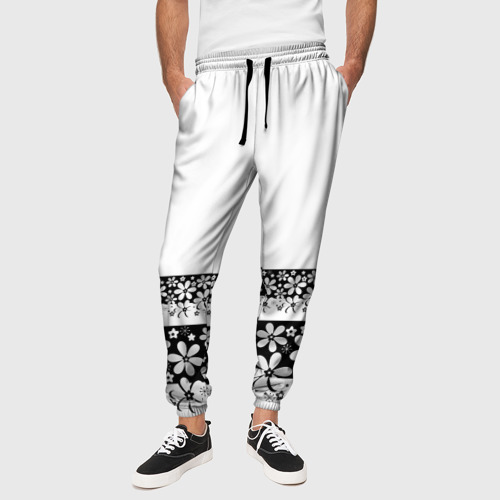 Мужские брюки 3D Черно-белый цветочный принт, цвет 3D печать - фото 4