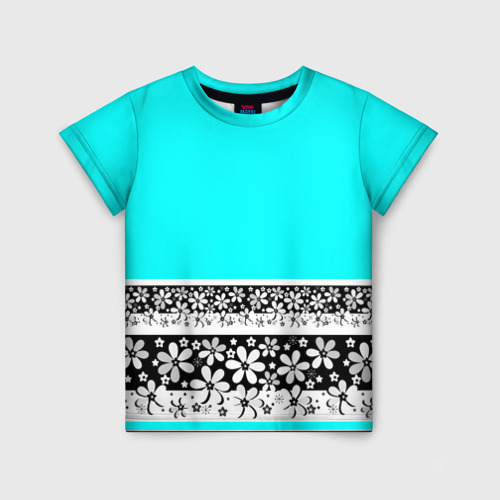 Детская футболка 3D с принтом Цветочный бирюзовый  узор, вид спереди #2