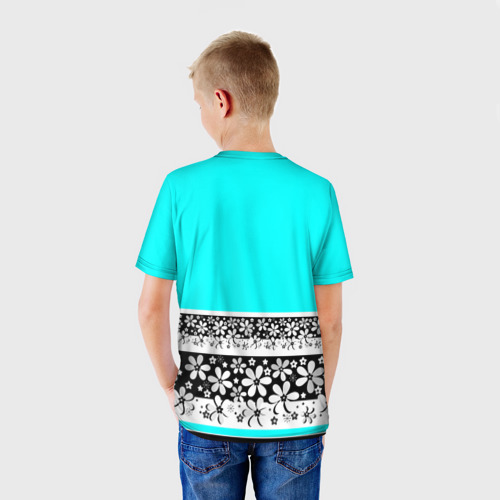 Детская футболка 3D с принтом Цветочный бирюзовый  узор, вид сзади #2