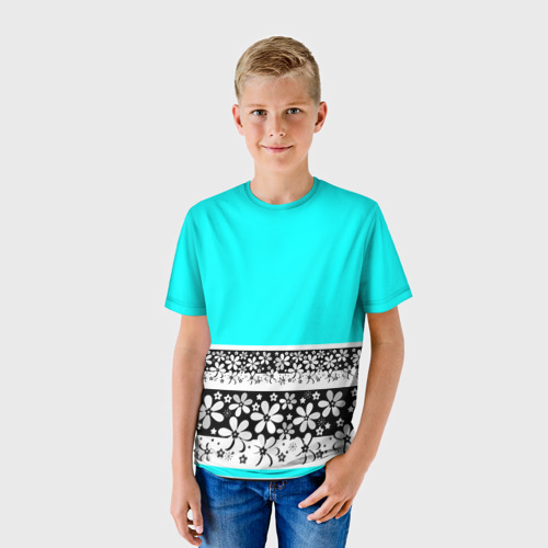 Детская футболка 3D с принтом Цветочный бирюзовый  узор, фото на моделе #1