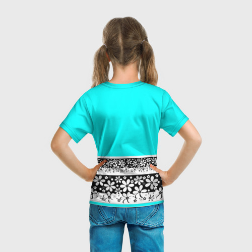 Детская футболка 3D с принтом Цветочный бирюзовый  узор, вид сзади #2