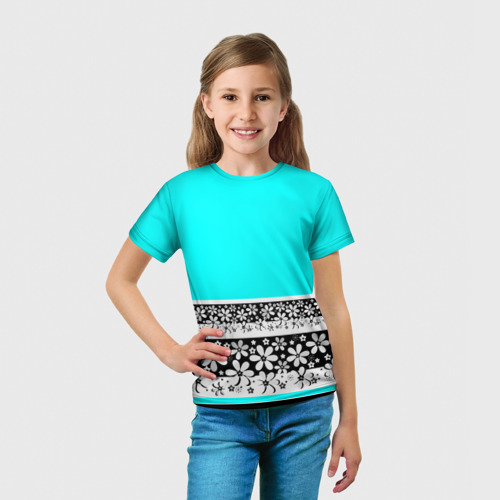 Детская футболка 3D с принтом Цветочный бирюзовый  узор, вид сбоку #3