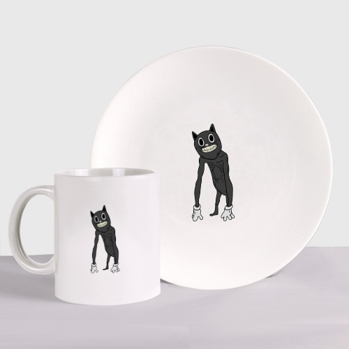 Набор: тарелка + кружка с принтом Cartoon Cat Мультяшный кот, вид спереди №1