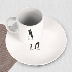 Набор: тарелка кружка с принтом Cartoon Cat Мультяшный кот для любого человека, вид спереди №3. Цвет основы: белый