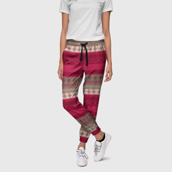 Женские брюки 3D Полосатый вышитый орнамент бежевый с красным  - фото 2