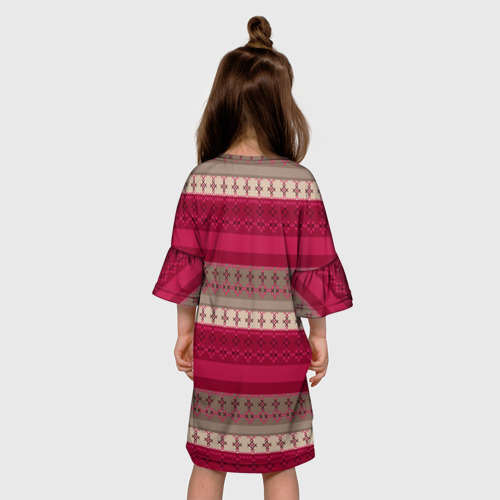 Детское платье 3D с принтом Полосатый вышитый орнамент бежевый с красным, вид сзади #2