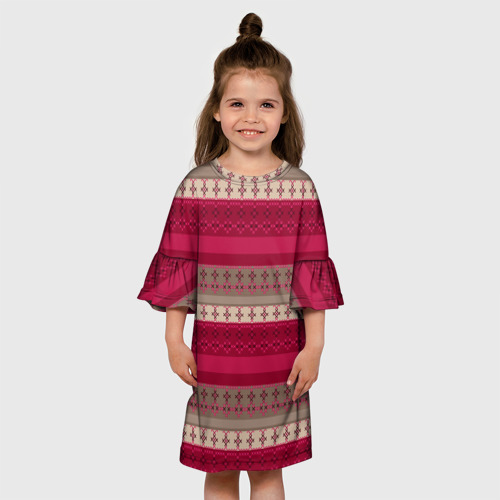 Детское платье 3D с принтом Полосатый вышитый орнамент бежевый с красным, вид сбоку #3