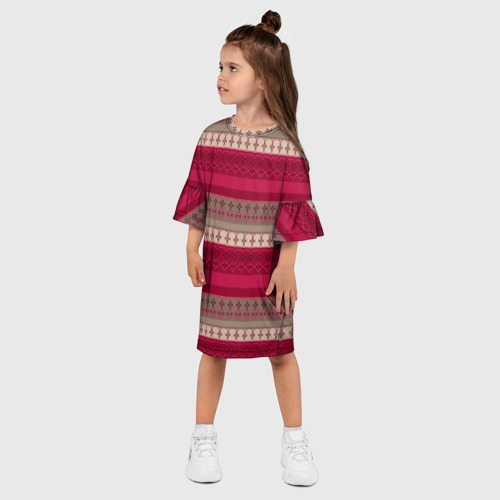Детское платье 3D с принтом Полосатый вышитый орнамент бежевый с красным, фото на моделе #1