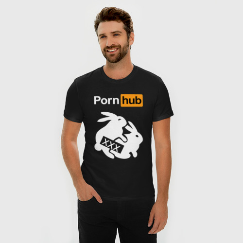 Мужская футболка хлопок Slim с принтом Pornhub Порнхаб зайцы, фото на моделе #1