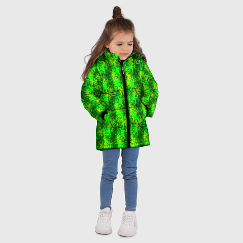 Зимняя куртка для девочек 3D с принтом Ярко зеленый полосатый узор с бабочками, вид сбоку #3