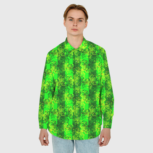 Мужская рубашка oversize 3D с принтом Ярко зеленый полосатый узор с бабочками, фото на моделе #1