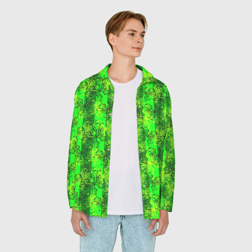Мужская рубашка oversize 3D с принтом Ярко зеленый полосатый узор с бабочками, вид сбоку #3