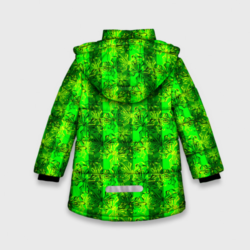 Зимняя куртка для девочек 3D с принтом Ярко зеленый полосатый узор с бабочками, вид сзади #1