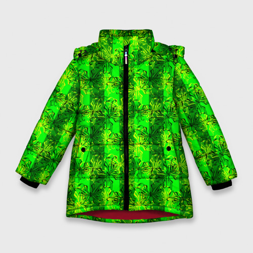 Зимняя куртка для девочек 3D с принтом Ярко зеленый полосатый узор с бабочками, вид спереди #2