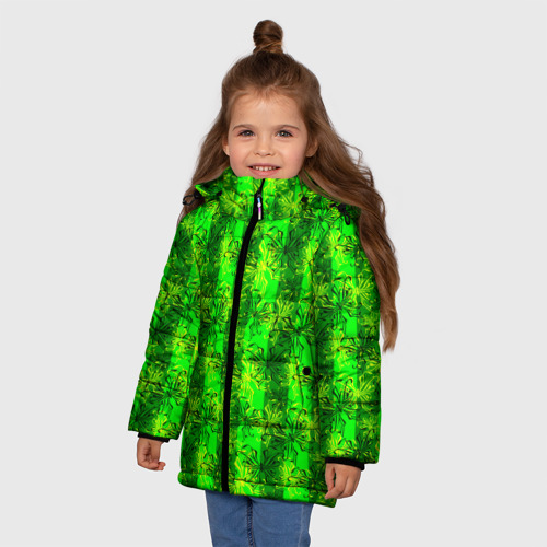 Зимняя куртка для девочек 3D с принтом Ярко зеленый полосатый узор с бабочками, фото на моделе #1