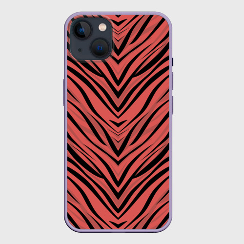 Чехол для iPhone 14 Plus с принтом Полосатый тигровый узор черные полосы на коралловом фоне, вид спереди #2