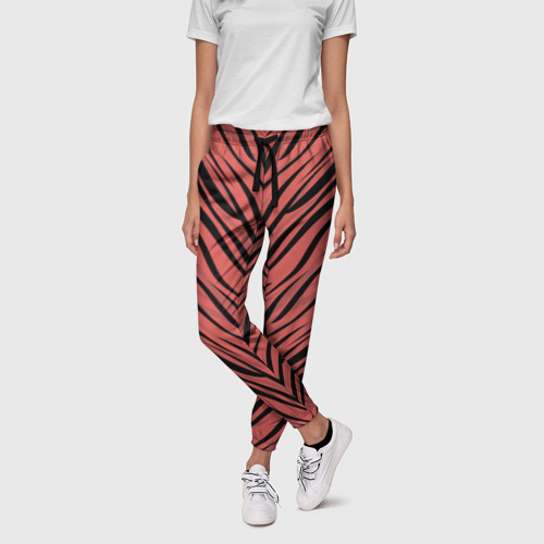 Женские брюки 3D с принтом Полосатый тигровый узор черные полосы на коралловом фоне, фото на моделе #1