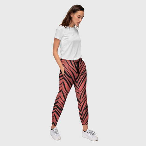 Женские брюки 3D с принтом Полосатый тигровый узор черные полосы на коралловом фоне, вид сбоку #3