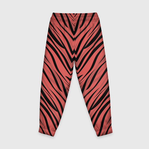 Детские брюки 3D с принтом Полосатый тигровый узор черные полосы на коралловом фоне, вид сзади #1