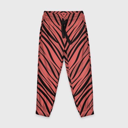 Детские брюки 3D с принтом Полосатый тигровый узор черные полосы на коралловом фоне, вид спереди #2