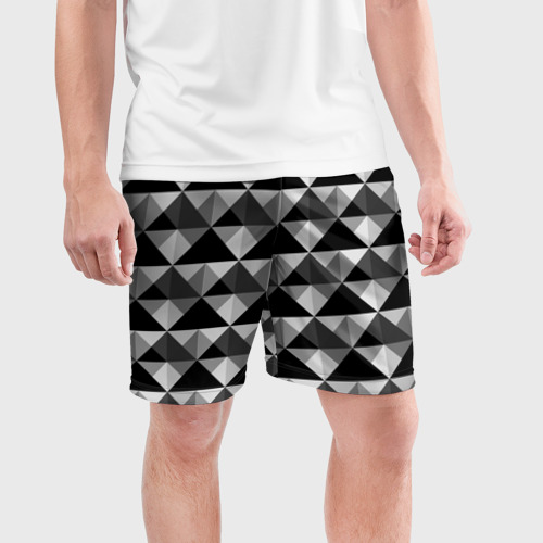 Мужские шорты спортивные с принтом Современный геометрический черно белый узор, фото на моделе #1