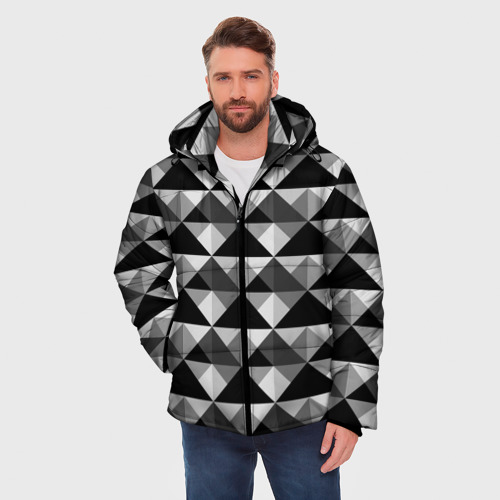 Мужская зимняя куртка 3D с принтом Современный геометрический черно белый узор, фото на моделе #1