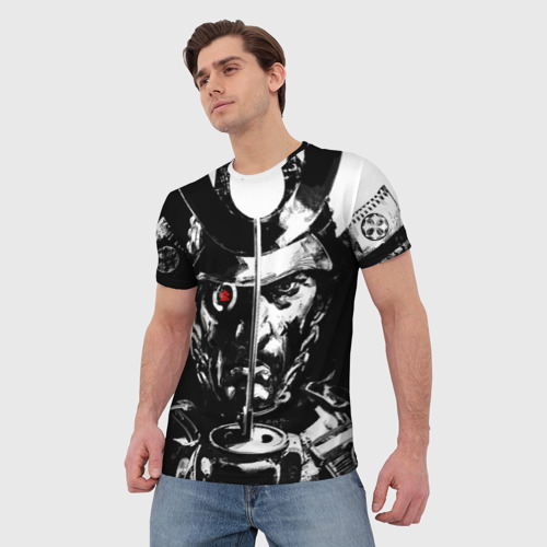 Мужская футболка 3D с принтом Самурай | ЧБ | Лого (+спина) (Z), фото на моделе #1