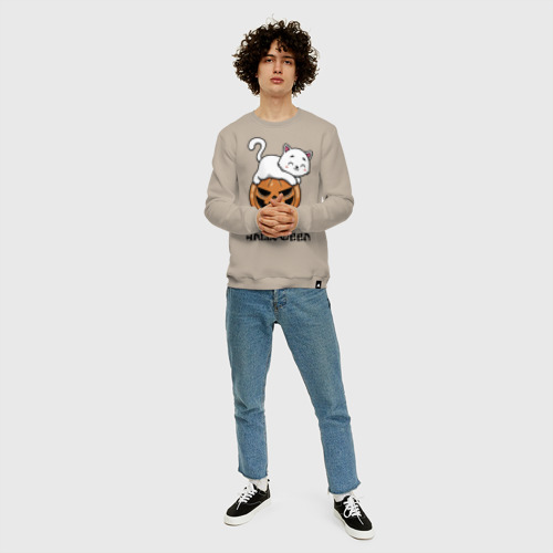 Мужской свитшот хлопок с принтом Kitten & Pumpkin, вид сбоку #3
