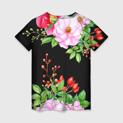 Женская футболка 3D с принтом Цветущий шиповник на черном, вид сзади #1